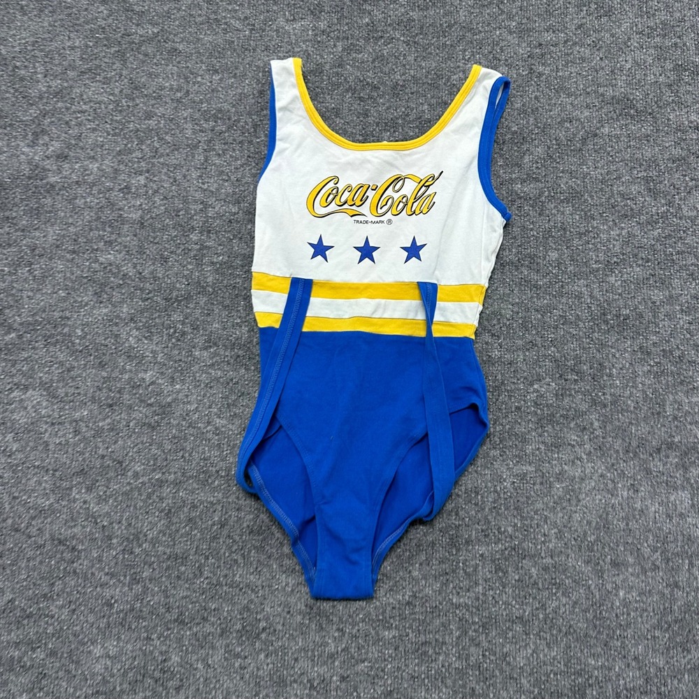 Coca-Cola Bodysuit Womens Size S White Blue Yellow Colorblock Stars Logo Vintage
